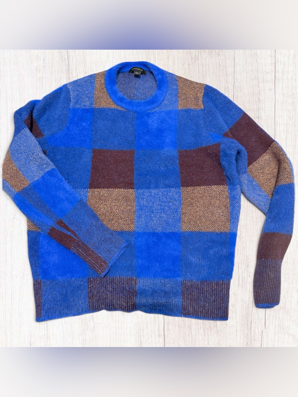 Ann Taylor Blue and Brown Plaid Crewneck Sweater